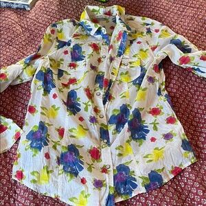Floral Button-Front' Shirt - White with Blue, Yellow & Pink Flowers